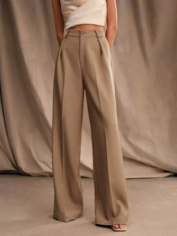 Outzidr - Beige High Waist Wide Leg Trouser