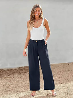 Outzidr - Navy Blue Wide Leg Pleated Pants