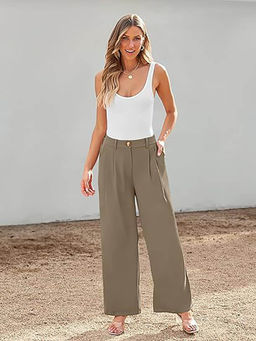 Outzidr - Beige Wide Leg Pleated Pants