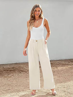 Outzidr - Cream Wide Leg Pleated Pants