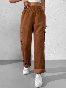 Outzidr - Brown High Waist Cargo Pocket Pant