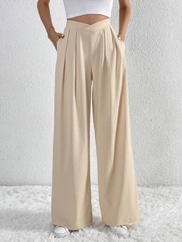 Outzidr - Beige Solid Wide Leg Trousers