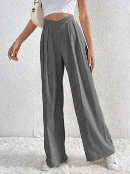 Outzidr - Grey Solid Wide Leg Pleated Trousers