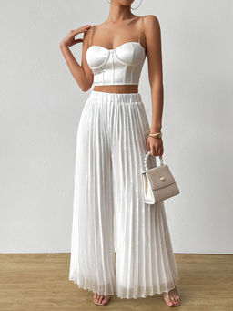 Outzidr - White Solid Wide Leg Pleated Trouser