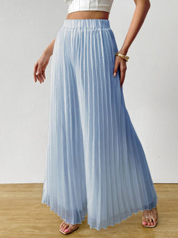 Outzidr - Blue Solid Wide Leg Pleated Trouser