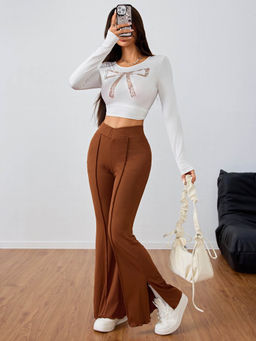 Outzidr - Brown Elastic Waist Slit Trouser