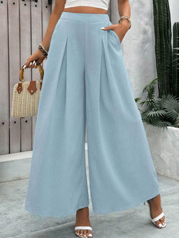 Outzidr - Blue Wide Leg Pleated Trouser