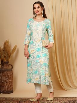 Globus - Women Green Lace Yoke Gold Foil Floral Print A-Line Workwear Kurta