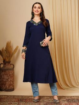 Globus - Women Blue Floral Embroidered V-Neck A-Line Workwear Kurta
