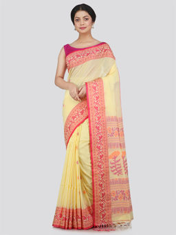PinkLoom - Womens Cotton Saree with Unstitched Blouse-Yellow