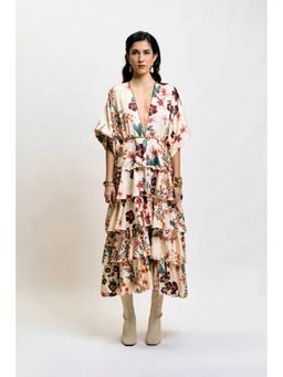 DELAN - Women Cream Floral Love-In-Bloom Tiered Midi Dress