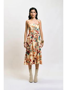 DELAN - Women Cream Floral Print Structured Corset Fit and Flare Midi Dress
