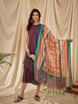 InWeave - Dusty Mauve Round Neck Short Kurta with Palazzo and Dupatta (Set of 3)