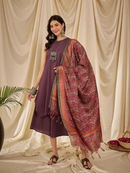 InWeave - Dusty Mauve Round Neck Short Kurta with Palazzo and Dupatta (Set of 3)