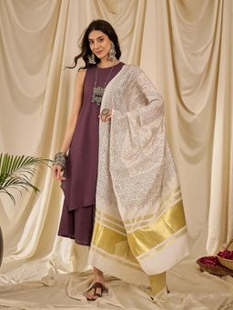 InWeave - Dusty Mauve Round Neck Short Kurta with Palazzo and Dupatta (Set of 3)