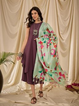 InWeave - Dusty Mauve Round Neck Short Kurta with Palazzo and Dupatta (Set of 3)