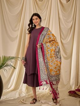 InWeave - Dusty Mauve Round Neck Short Kurta with Palazzo and Dupatta (Set of 3)