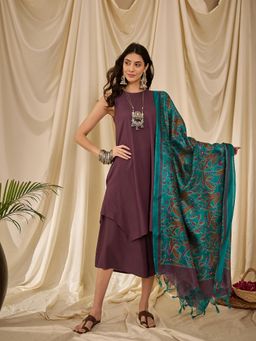 InWeave - Dusty Mauve Round Neck Short Kurta with Palazzo and Dupatta (Set of 3)
