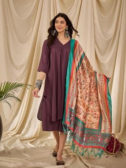 InWeave - Dusty Mauve V-Neck Flared Kurta with Palazzo and Dupatta (Set of 3)