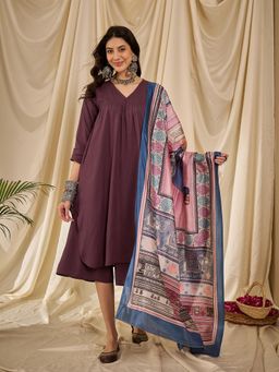InWeave - Dusty Mauve V-Neck Flared Kurta with Palazzo and Dupatta (Set of 3)