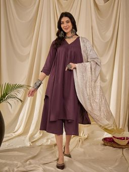 InWeave - Dusty Mauve V-Neck Flared Kurta with Palazzo and Dupatta (Set of 3)