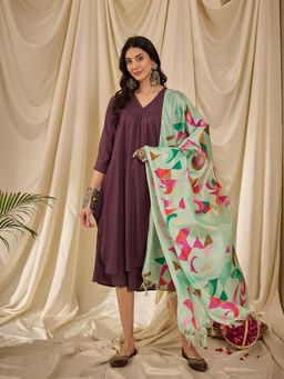 InWeave - Dusty Mauve V-Neck Flared Kurta with Palazzo and Dupatta (Set of 3)