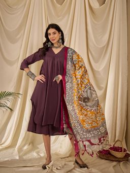 InWeave - Dusty Mauve V-Neck Flared Kurta with Palazzo and Dupatta (Set of 3)