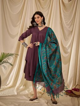 InWeave - Dusty Mauve V-Neck Flared Kurta with Palazzo and Dupatta (Set of 3)