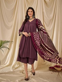 InWeave - Dusty Mauve V-Neck Flared Kurta with Palazzo and Dupatta (Set of 3)