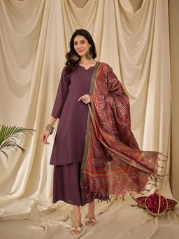 InWeave - Dusty Mauve Long Full Sleeve Kurta with Palazzo and Dupatta (Set of 3)