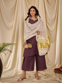 InWeave - Dusty Mauve Long Full Sleeve Kurta with Palazzo and Dupatta (Set of 3)