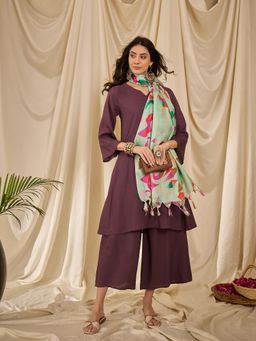 InWeave - Dusty Mauve Long Full Sleeve Kurta with Palazzo and Dupatta (Set of 3)