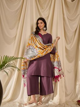 InWeave - Dusty Mauve Long Full Sleeve Kurta with Palazzo and Dupatta (Set of 3)