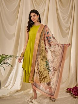 InWeave - Lemon Green Round Neck Short Kurta with Palazzo and Dupatta (Set of 3)