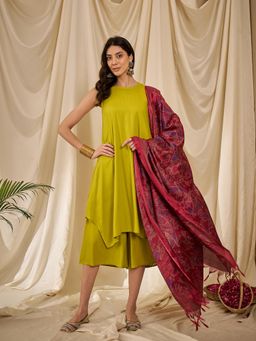 InWeave - Lemon Green Round Neck Short Kurta with Palazzo and Dupatta (Set of 3)