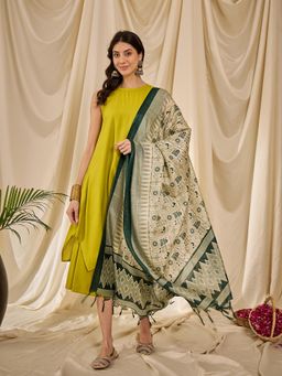 InWeave - Lemon Green Round Neck Short Kurta with Palazzo and Dupatta (Set of 3)