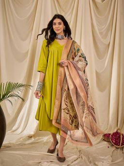 InWeave - Lemon Green V-Neck Flared Kurta with Palazzo and Dupatta (Set of 3)
