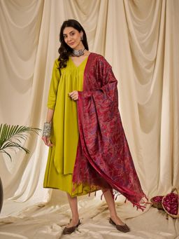 InWeave - Lemon Green V-Neck Flared Kurta with Palazzo and Dupatta (Set of 3)
