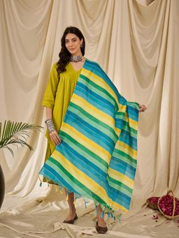 InWeave - Lemon Green V-Neck Flared Kurta with Palazzo and Dupatta (Set of 3)
