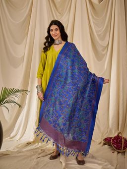 InWeave - Lemon Green V-Neck Flared Kurta with Palazzo and Dupatta (Set of 3)