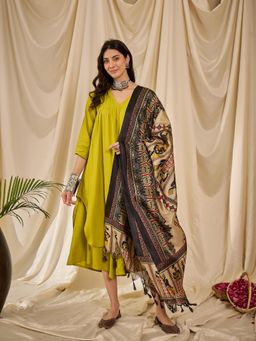 InWeave - Lemon Green V-Neck Flared Kurta with Palazzo and Dupatta (Set of 3)