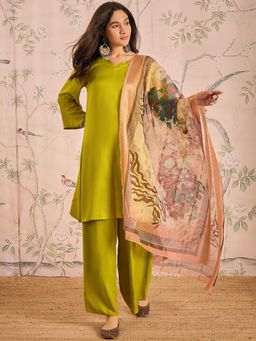 InWeave - Lemon Green Long Full Sleeve Kurta with Palazzo and Dupatta (Set of 3)