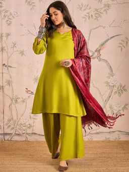 InWeave - Lemon Green Long Full Sleeve Kurta with Palazzo and Dupatta (Set of 3)