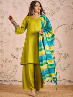 InWeave - Lemon Green Long Full Sleeve Kurta with Palazzo and Dupatta (Set of 3)