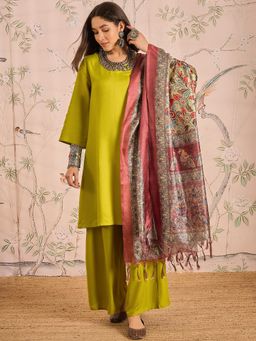 InWeave - Lemon Green Long Full Sleeve Kurta with Palazzo and Dupatta (Set of 3)