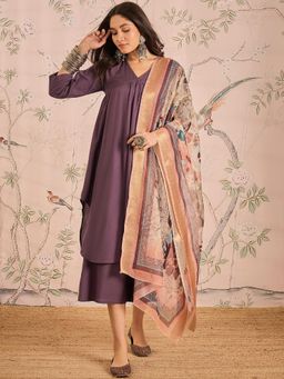 InWeave - Dusty Mauve V-Neck Flared Kurta with Palazzo and Dupatta (Set of 3)