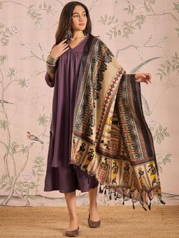 InWeave - Dusty Mauve V-Neck Flared Kurta with Palazzo and Dupatta (Set of 3)