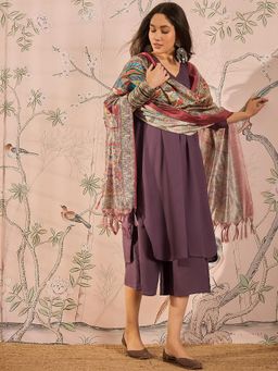 InWeave - Dusty Mauve V-Neck Flared Kurta with Palazzo and Dupatta (Set of 3)