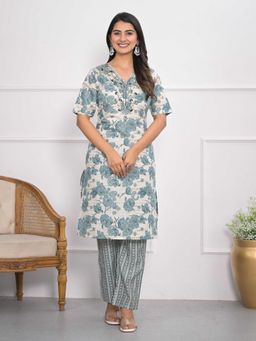 Odette - Women Off White and Blue Chanderi Printed Stitched Kurta with Pant (Set of 2)