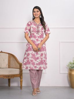 Odette - Women Off White and Pink Chanderi Printed Stitched Kurta with Pant (Set of 2)